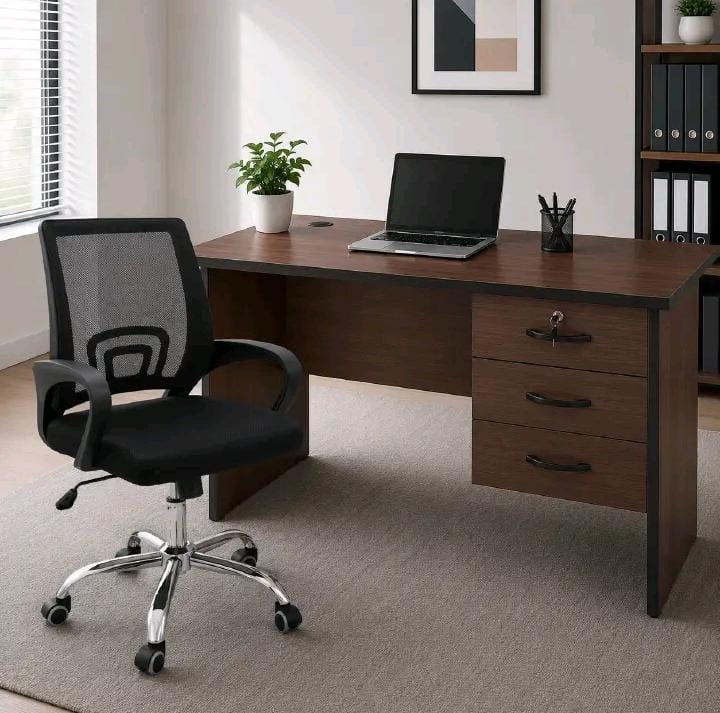 Executive Office Furniture Set – 1.2M Modern Office Desk, 1M 3-Drawer Lockable Office Desk with Keys & Secretarial Mesh Office Chair with Headrest | Ergonomic Home & Office Workstation