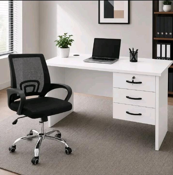 Executive Office Furniture Set – 1.2M Modern Office Desk, 1M 3-Drawer Lockable Office Desk with Keys & Secretarial Mesh Office Chair with Headrest | Ergonomic Home & Office Workstation