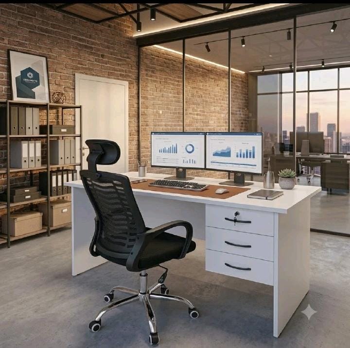 Executive Office Furniture Set – 1.2M Modern Office Desk, 1M 3-Drawer Lockable Office Desk with Keys & Secretarial Mesh Office Chair with Headrest | Ergonomic Home & Office Workstation