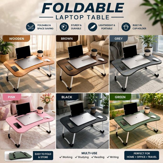 Multi-Purpose Portable Laptop Table, Foldable Wooden Desk For Bed Tray, Laptop Table, Study Table With Mug Holder, Ergonomic, Non-Slip Legs In Bed Table