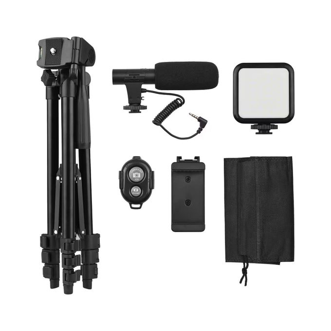 Vlogging Kit KIT-05LM with Tripod Stand, Noise Reduction Microphone, 6500K LED Light, Universal Phone Clamp, Adjustable Tripod for Smartphone Video Recording, Live Streaming, Vlogs, Interviews