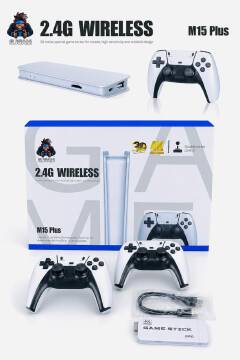 M15 Plus 4K Wireless Retro Game Stick that connects directly to a TV via HDMI -with a 4K HDMI stick and two white gamepads.