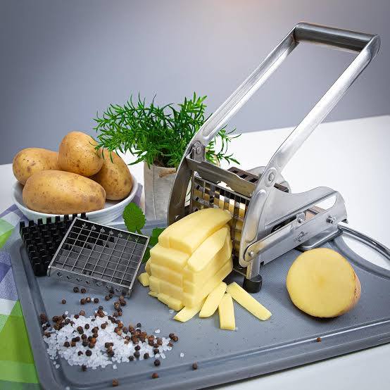 2-in-1 Heavy Duty Stainless Steel Potato Chipper Manual French Fries Slicer Kitchen Chips Cutter Vegetable Dicer with Anti-Slip Base & Interchangeable Blades for Home & Commercial Use.