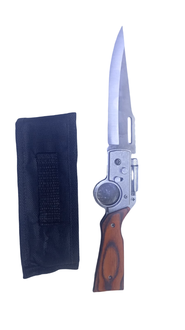 AK47 Wooden Handle Folding Knife with LED Flashlight – Tactical Assisted Opening Pocket Knife for Camping, Survival & Emergency, Stainless Steel Blade with Dual Safety Locks, Ideal Outdoor G