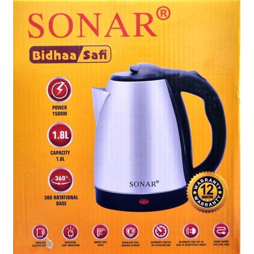 Sonar 2.0L Stainless Steel Electric Kettle Fast Boil Water Heater with 360° Cordless Rotating Base  Auto Shut-Off & Boil-Dry Protection
