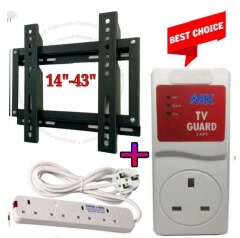 14-43 Inch TV Wall Mounting Bracket + Electronic TV Guard Surge Protector + 4 Way Power Extension Strip – Complete TV Installation Kit with Safety Shutters & Fireproof Sockets for Home & Office