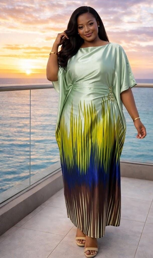 Women Silk Kaftan Dera Dress Free Size Elegant Loose Maxi Dress with Adjustable Inner Belt Comfortable Stylish Modest Outfit Fits Up to Size 54