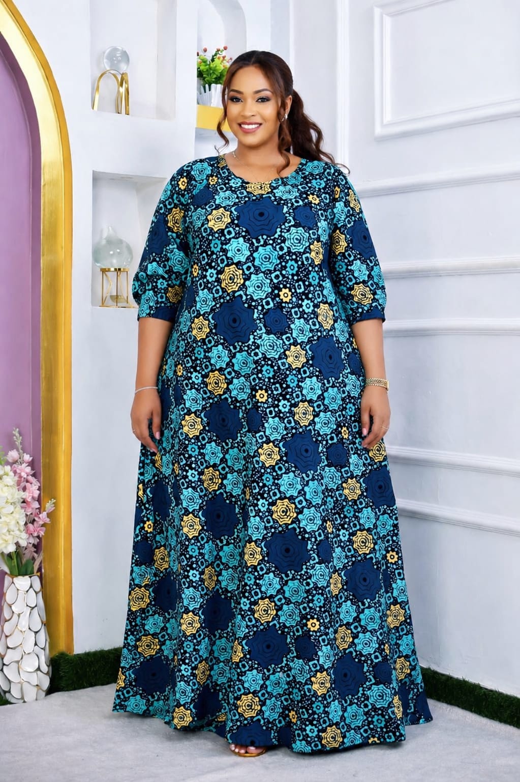 Women Free Size Ankara Maxi Dress Elegant African Print Long Dress Comfortable Loose Fit Fashion Outfit for Casual Wear Parties Church Travel Fits Up to Size 56