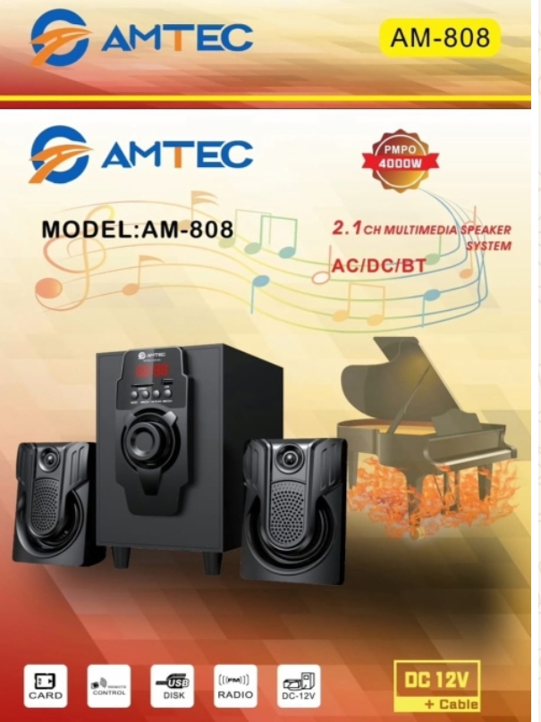 AMTEC AM-808 2.1CH MULTIMEDIA WOOFER SPEAKER SYSTEM | 2-IN-1 HIGH POWER SUPER BASS BLUETOOTH SPEAKER WITH USB, FM RADIO, AUX INPUT, REMOTE CONTROL & PREMIUM SURROUND SOUND FOR HOME ENTERTAINMENT