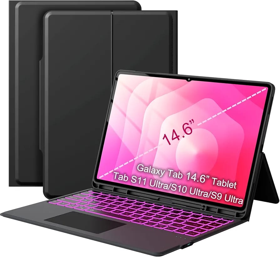 14.6 inch Samsung Galaxy Tab S11 Ultra/ S10 Ultra/ S9 Ultra /S8 Ultra Case with Keyboard - Folio Book Cover with Touchpad - 7 Color Backlit Keyboard with S Pen Holder for 14.6"  inch Samsung Tablet