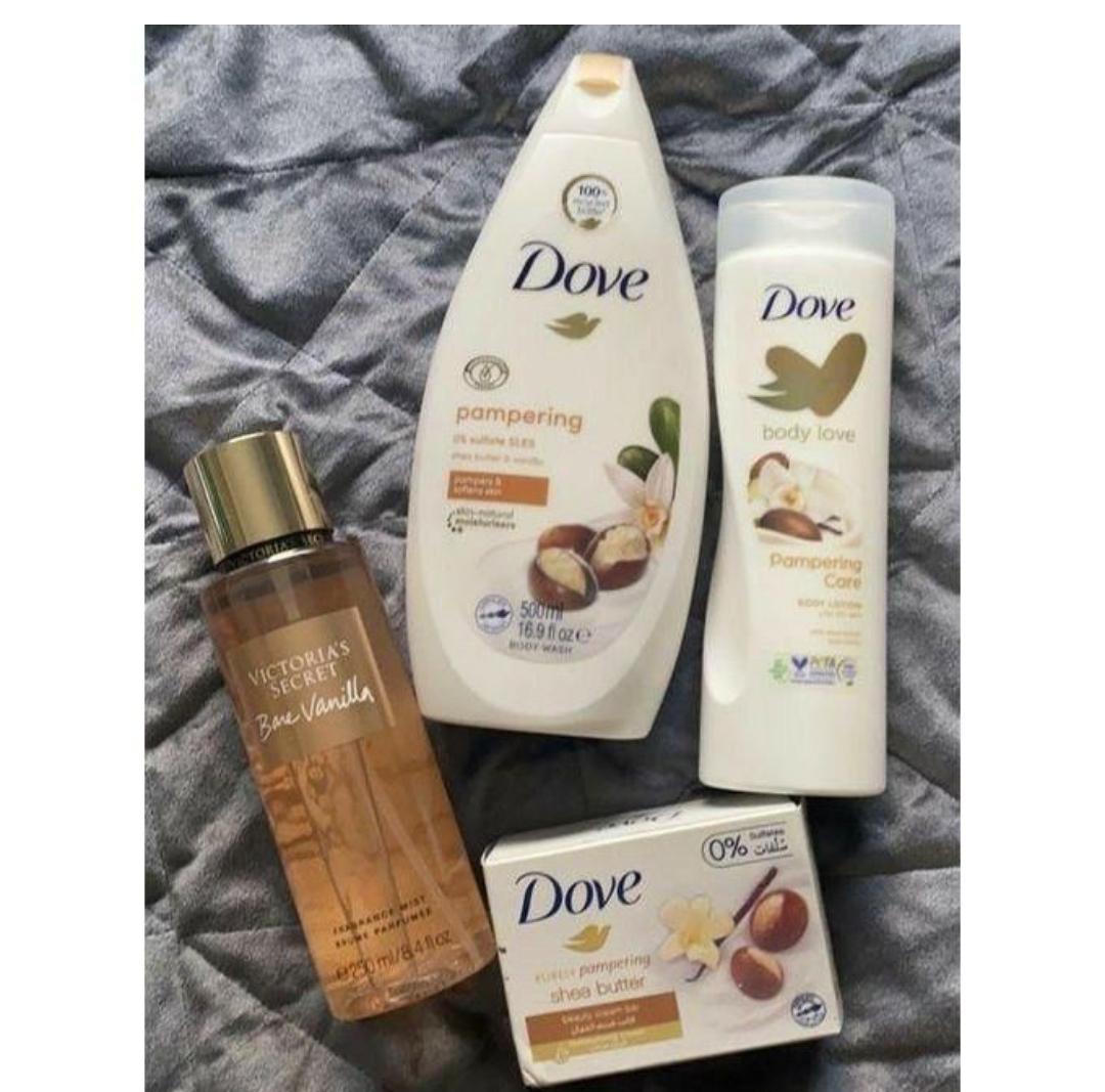 Dove skin care set/Dove 4-in-1 Pampering Shea Butter & Vanilla skincare set, which includes a body wash, body lotion, beauty bar soap, and a Victoria