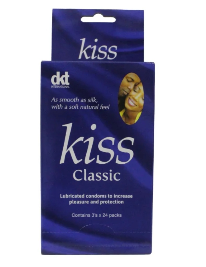 Kiss Classic condoms, produced by DKT International containing a total of 72 condoms (24 packs of 3).