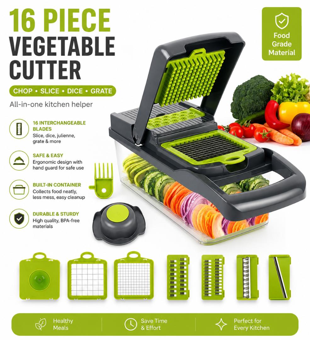 16-Piece Multifunctional Vegetable Chopper & Slicer Set with Food Storage Container