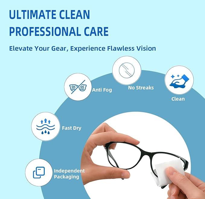 Anti-Fog Wipes for Glasses – Eye Glasses Cleaner Wipes, 100 Pack, Individually Wrapped, Pre-Moistened, Quick-Dry, Scratch-Free for Goggles, Camera, Watch, Lens, Laptop, Phone Screens + Lens Cleaner  L