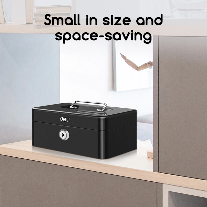 Deli Cash Box with Key Lock - Durable Black Security Safe, Removable Coin Tray, Portable for Home & Office