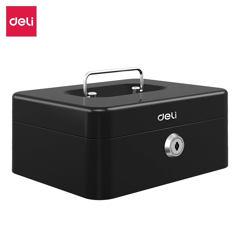 Deli Cash Box with Key Lock - Durable Black Security Safe, Removable Coin Tray, Portable for Home & Office