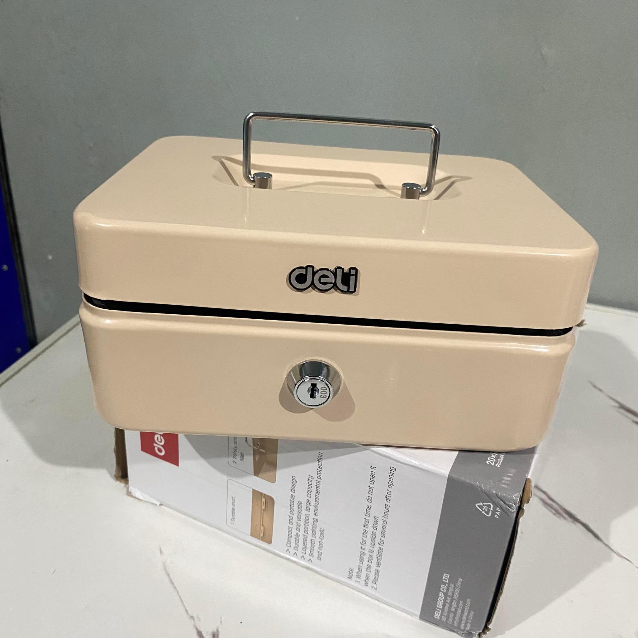 Deli Cash Box with Key Lock - Durable Black Security Safe, Removable Coin Tray, Portable for Home & Office