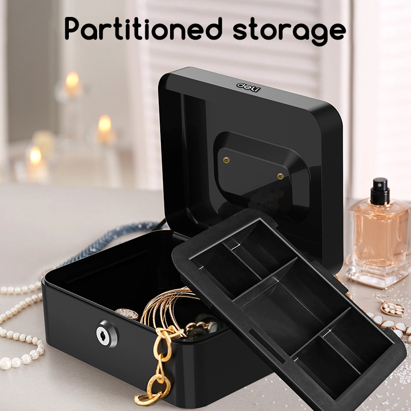 Deli Cash Box with Key Lock - Durable Black Security Safe, Removable Coin Tray, Portable for Home & Office