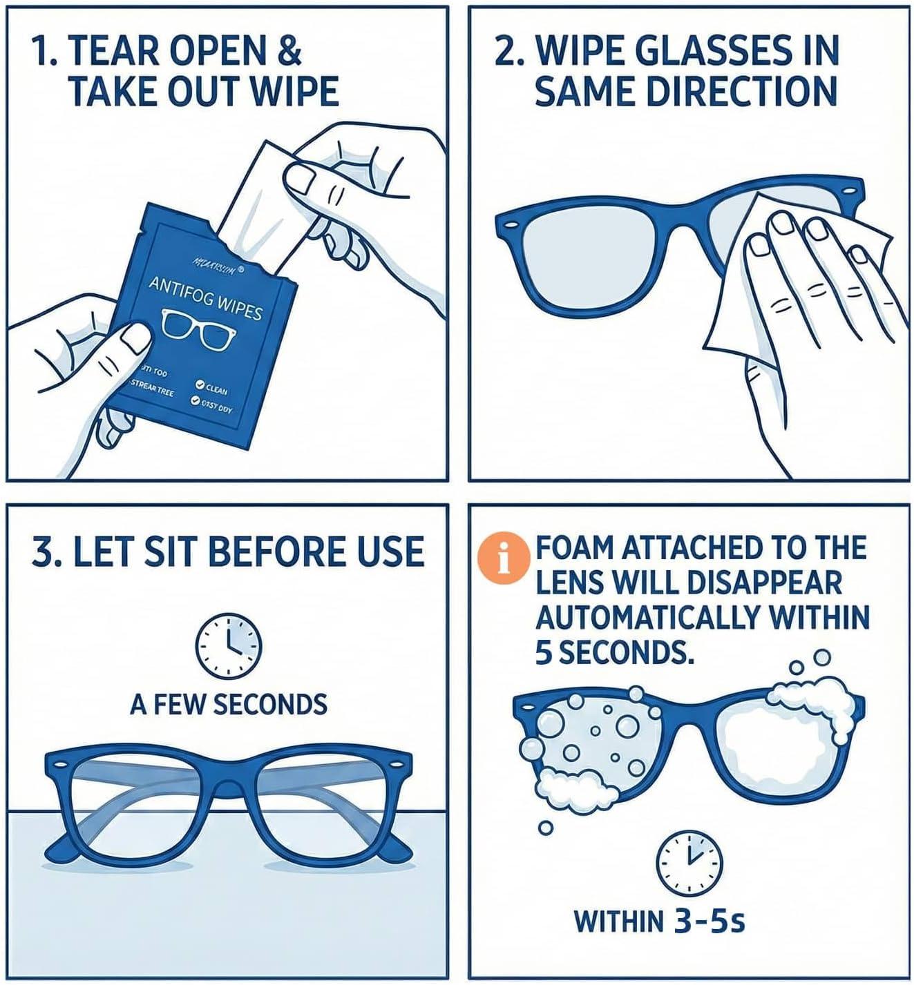 Anti-Fog Wipes for Glasses – Eye Glasses Cleaner Wipes, 100 Pack, Individually Wrapped, Pre-Moistened, Quick-Dry, Scratch-Free for Goggles, Camera, Watch, Lens, Laptop, Phone Screens + Lens Cleaner  L