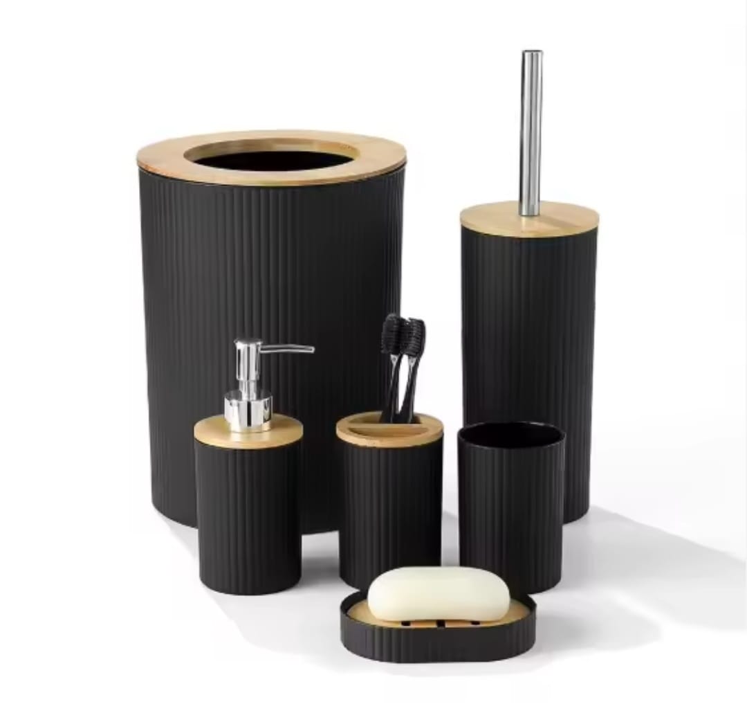 Modern 6-Piece bathroom and shower accessories set with elegant bamboo lids, durable construction, modern design, easy cleaning, and stylish countertop organization