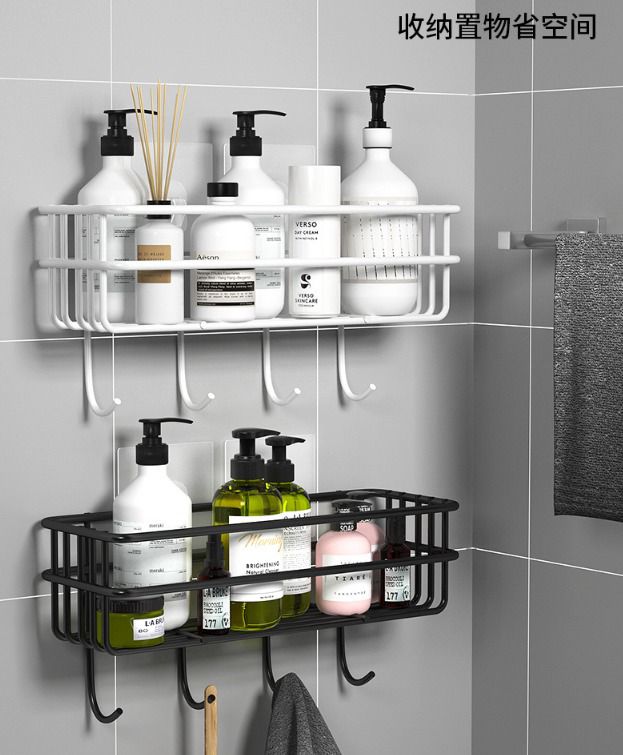 Punch Free Wall Mounted Storage Rack Metal Floating Shelf Organizer with Hooks Kitchen Spice Rack Bathroom Storage Shelf Black White