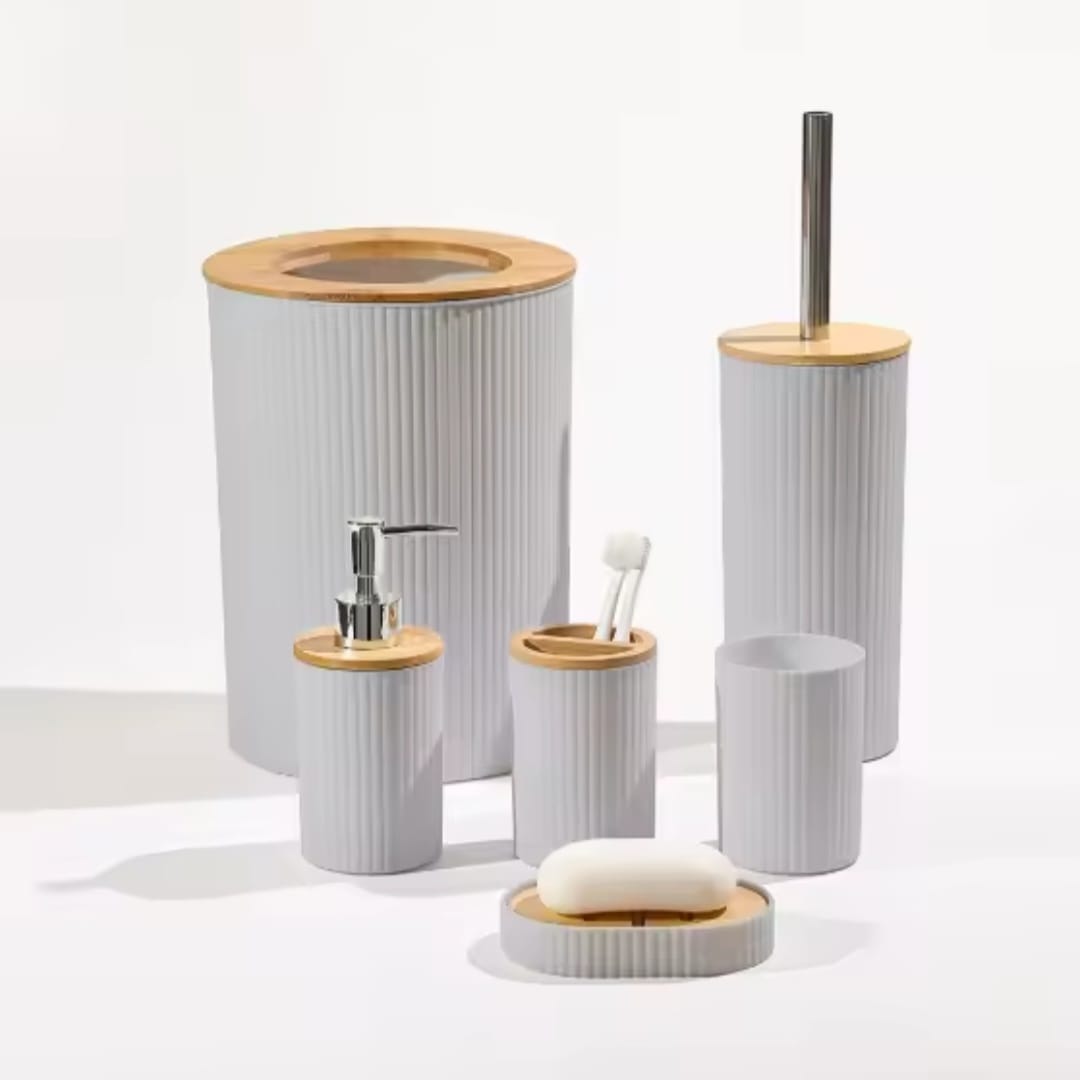 Modern 6-Piece bathroom and shower accessories set with elegant bamboo lids, durable construction, modern design, easy cleaning, and stylish countertop organization