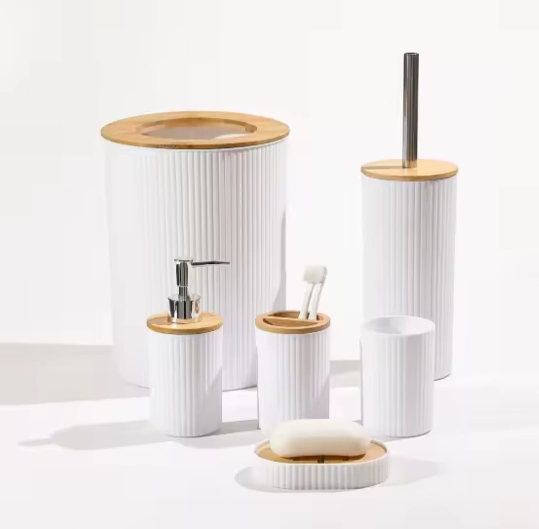Modern 6-Piece bathroom and shower accessories set with elegant bamboo lids, durable construction, modern design, easy cleaning, and stylish countertop organization