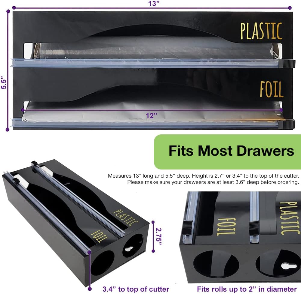 On Display Acrylic 2-in-1 Plastic Wrap/Wax Paper/Aluminum Foil Dispenser for Drawer or Wall Mountable (Black 2-in-1)