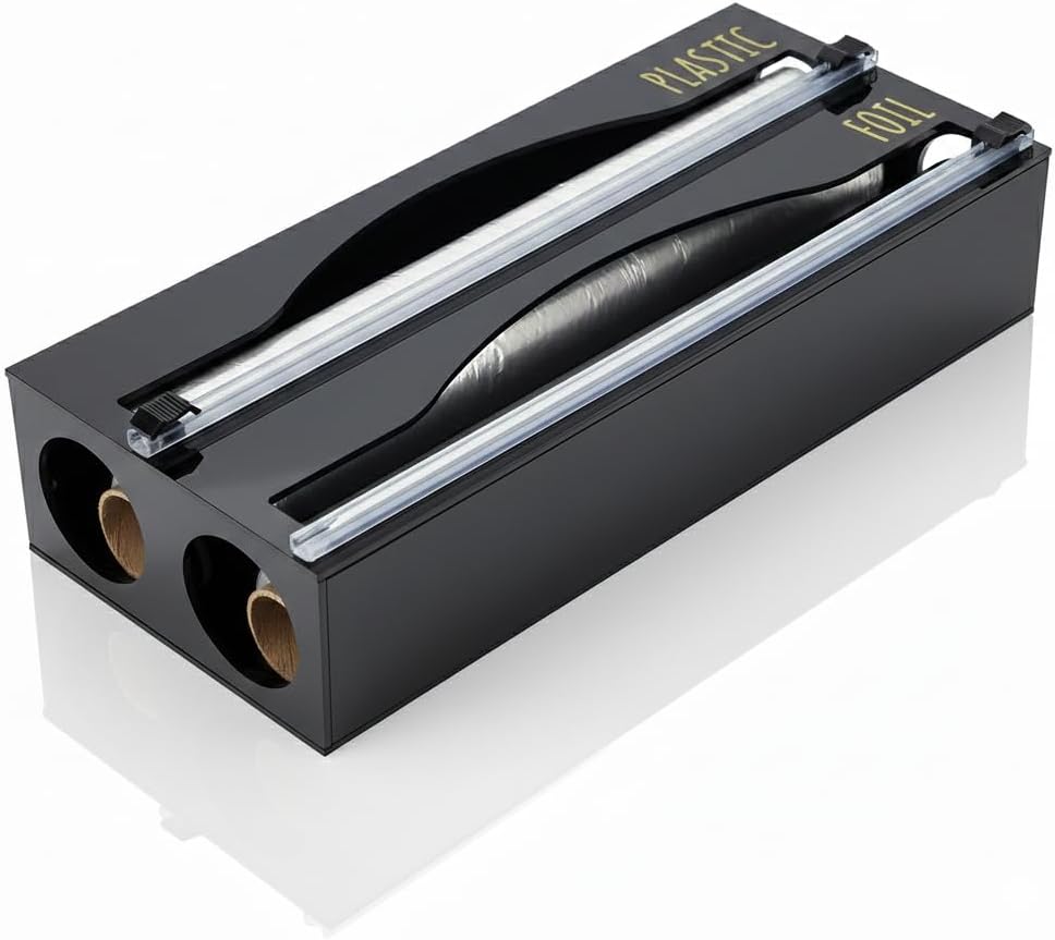 On Display Acrylic 2-in-1 Plastic Wrap/Wax Paper/Aluminum Foil Dispenser for Drawer or Wall Mountable (Black 2-in-1)