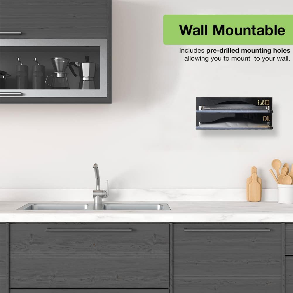 On Display Acrylic 2-in-1 Plastic Wrap/Wax Paper/Aluminum Foil Dispenser for Drawer or Wall Mountable (Black 2-in-1)