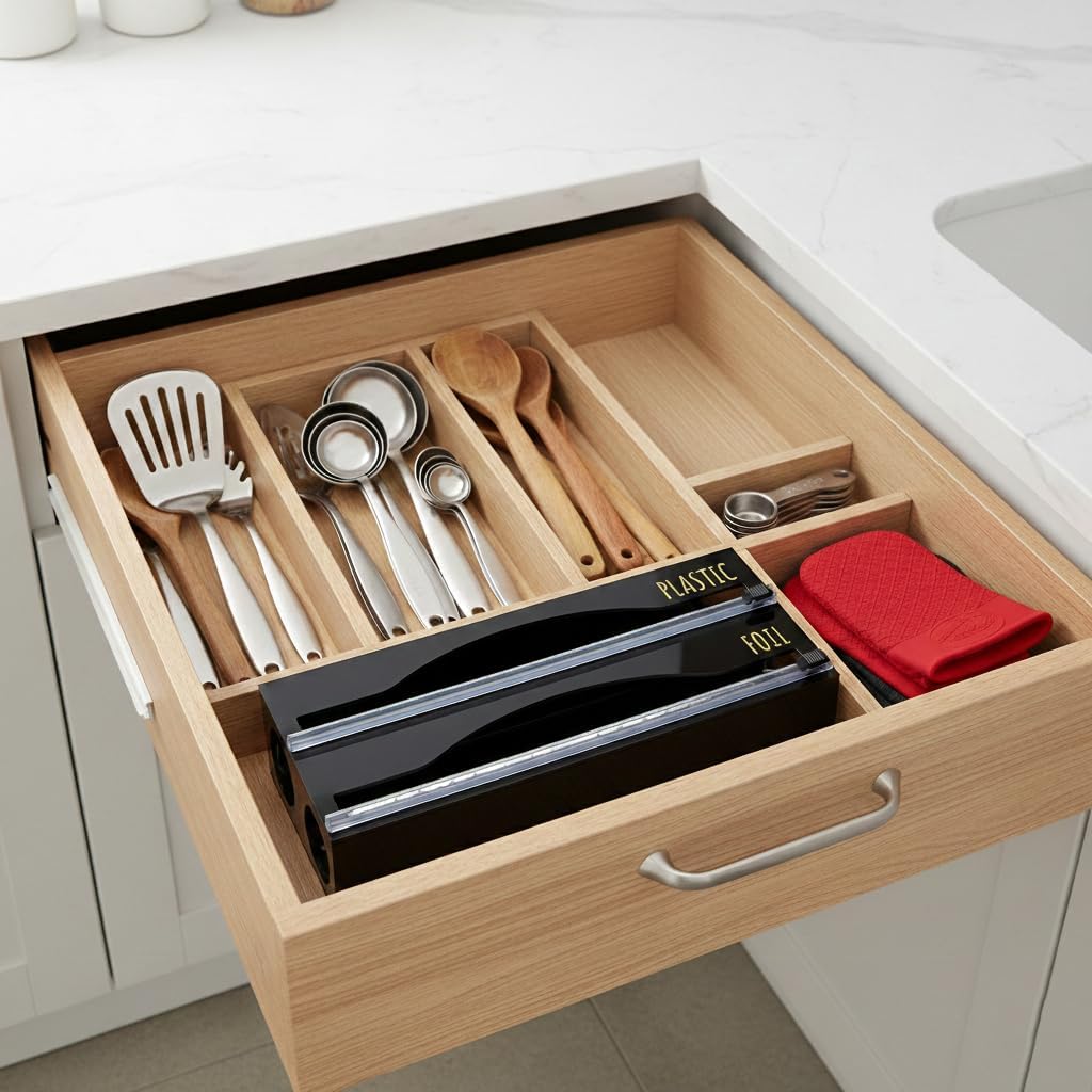On Display Acrylic 2-in-1 Plastic Wrap/Wax Paper/Aluminum Foil Dispenser for Drawer or Wall Mountable (Black 2-in-1)