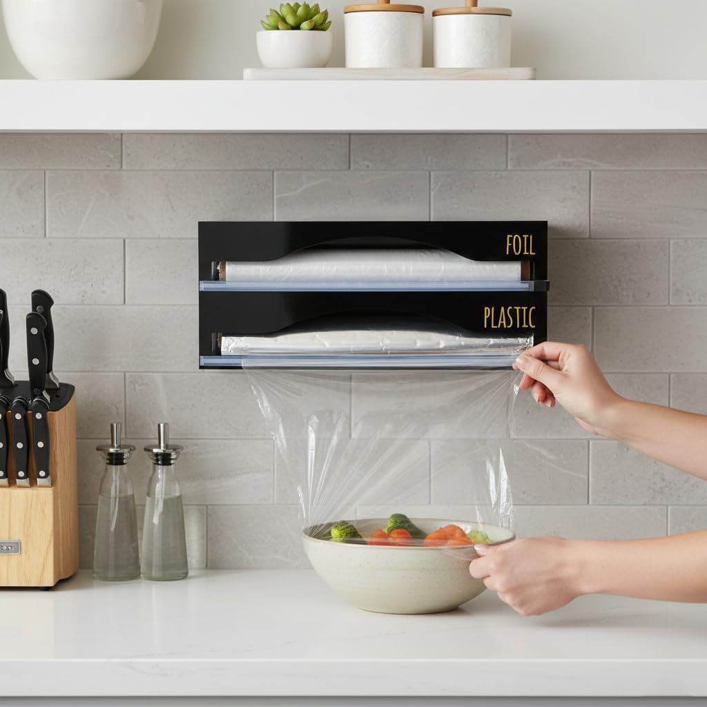 On Display Acrylic 2-in-1 Plastic Wrap/Wax Paper/Aluminum Foil Dispenser for Drawer or Wall Mountable (Black 2-in-1)