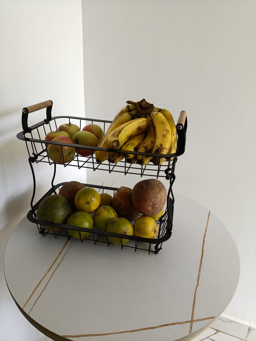 2 Tier Fruit Basket with 2 Banana Hangers, Countertop Fruit Vegetable Basket Bowl for Kitchen Counter Metal Wire Fruits Storage Stand Holder Organizer for Bread Snack Veggies Produce