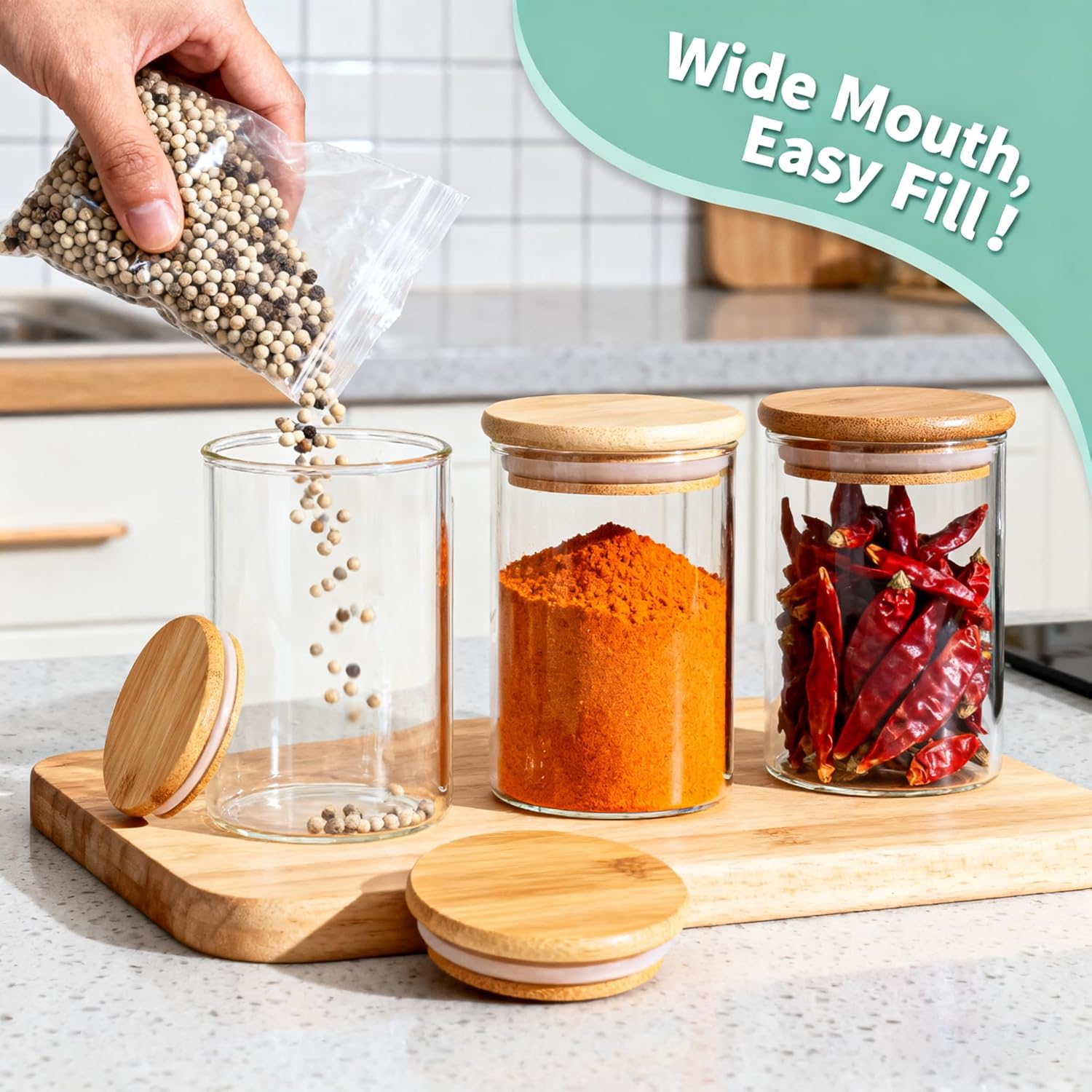 Glass Spice Jars with Bamboo Lids 6 Pack, 150ml Empty Spice Containers with lid, Airtight Small Seasoning Jars for Salt, Pepper, Chili Powder, Sugar, Loose Tea Storage