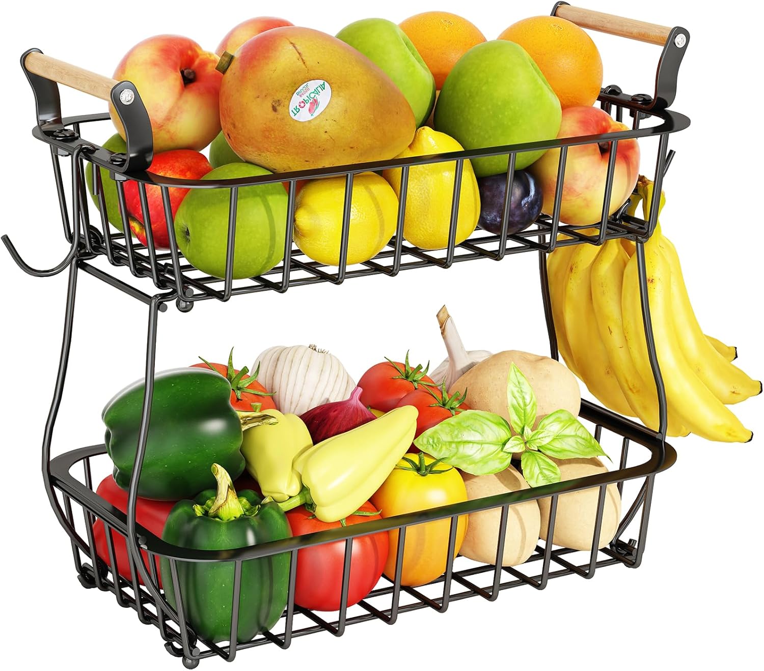 2 Tier Fruit Basket with 2 Banana Hangers, Countertop Fruit Vegetable Basket Bowl for Kitchen Counter Metal Wire Fruits Storage Stand Holder Organizer for Bread Snack Veggies Produce