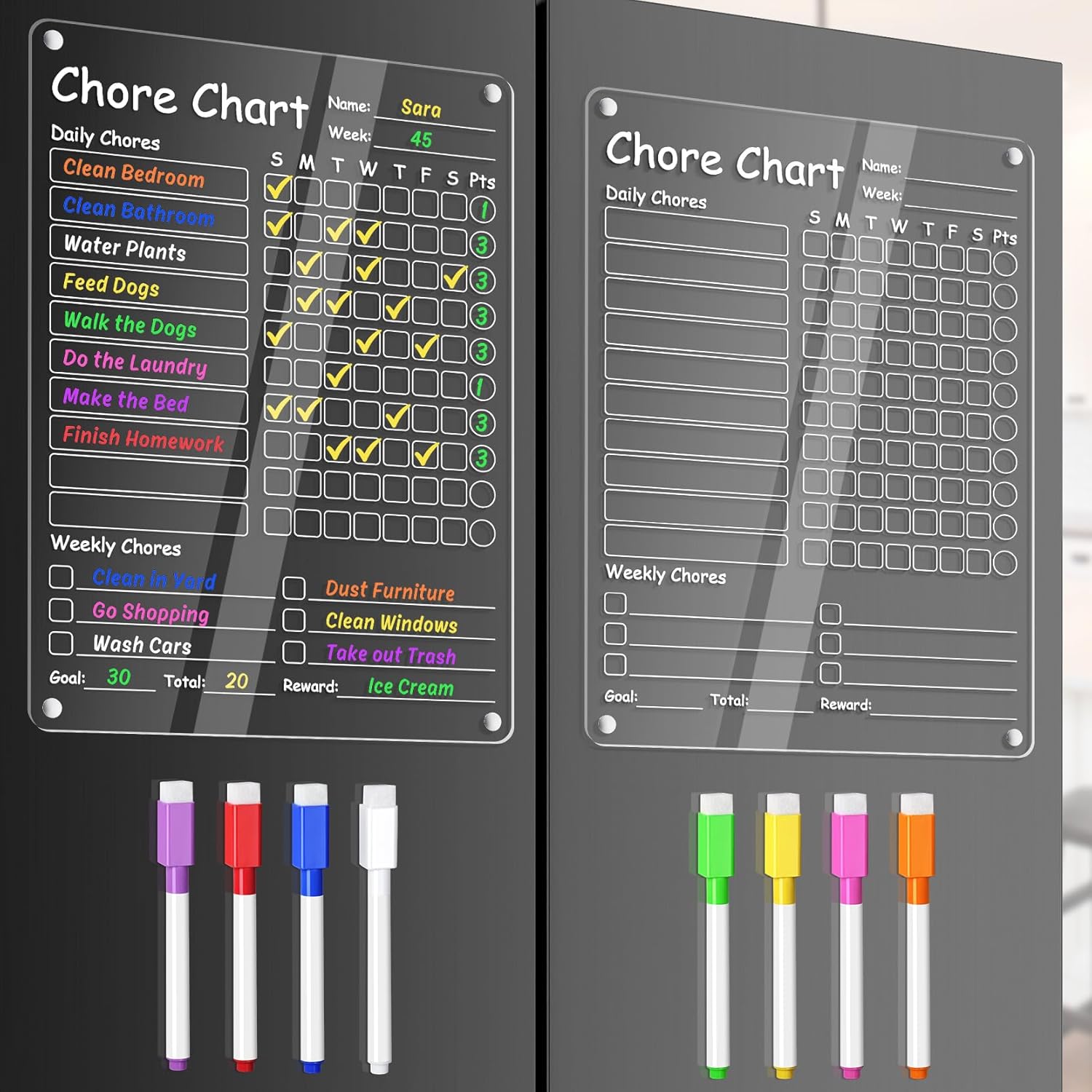 Acrylic Chore Chart Clear Dry Erase Checklist Chore Boars for Family Chores Checklist Reward Chart Responsibility Chart, 12x9'', 2 Boards