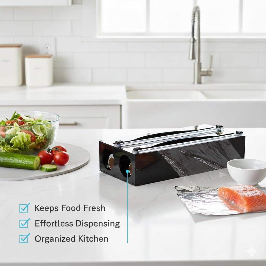 On Display Acrylic 2-in-1 Plastic Wrap/Wax Paper/Aluminum Foil Dispenser for Drawer or Wall Mountable (Black 2-in-1)