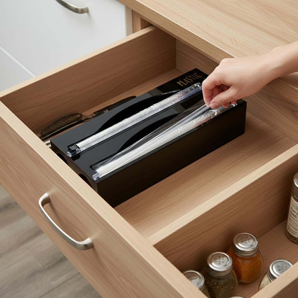 On Display Acrylic 2-in-1 Plastic Wrap/Wax Paper/Aluminum Foil Dispenser for Drawer or Wall Mountable (Black 2-in-1)