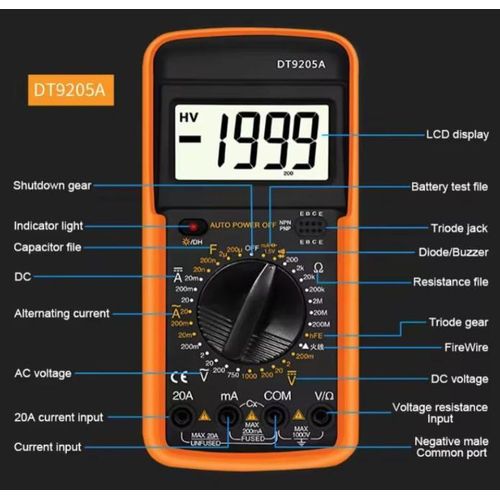 Digital Multimeter AC/DC Voltmeter Ammeter Ohmmeter – LCD Display, 1999 Counts, Resistance Capacitance Diode & Continuity Tester, Electricians & DIY