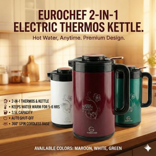 Eurochef EC-K53 3.5L 2-in-1 Electric Thermos Kettle & Cordless Water Boiler – Auto Shut-Off, 5–6Hr Heat Retention, Floral Design, White Red Green