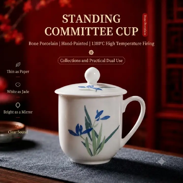 Originated in Liling, China, this official porcelain cup is specially crafted for state conferences and diplomatic receptions. Made of high-white underglaze colorful porcelain, it features hand-painte