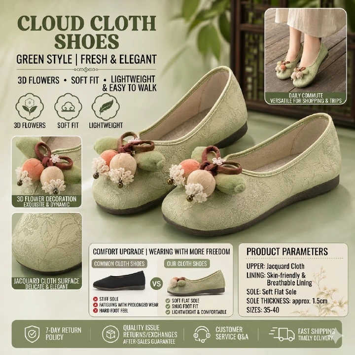 3D Flower Cloth Shoes, your perfect fashion match!Matches dresses, shorts and jeans alike.
Floral de three-dimensional embroidery, pearl accents, soft lining, and a lightweight flat sole, they combine