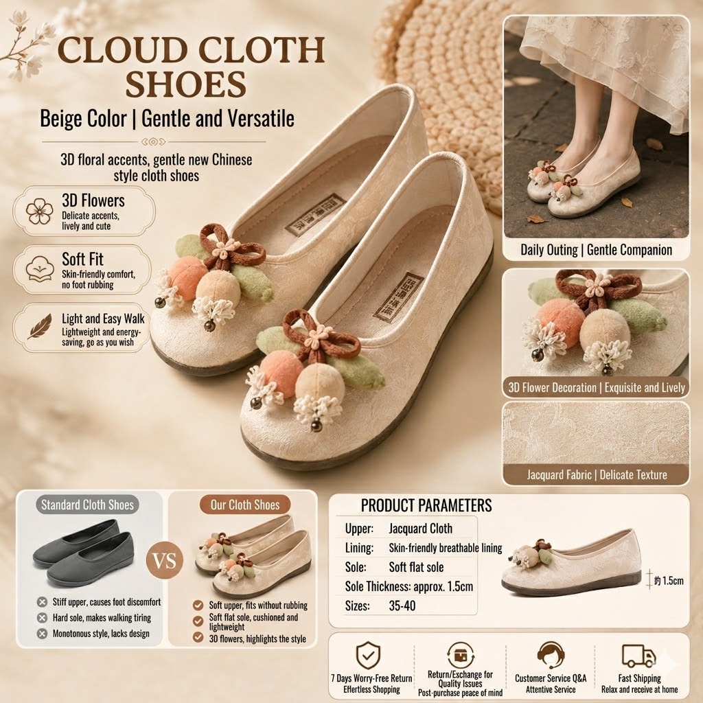 3D Flower Cloth Shoes, your perfect fashion match!Matches dresses, shorts and jeans alike.
Floral de three-dimensional embroidery, pearl accents, soft lining, and a lightweight flat sole, they combine