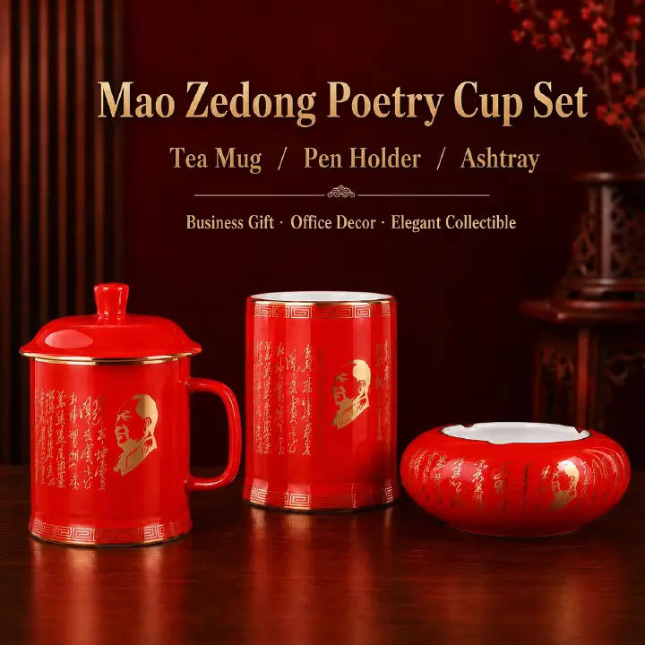 Liling Mao Porcelain Poetry Set，Handcrafted underglaze color porcelain printed with classic Mao Zedong poems. Smooth non-toxic glaze, elegant oriental red culture design, ideal high-end collection