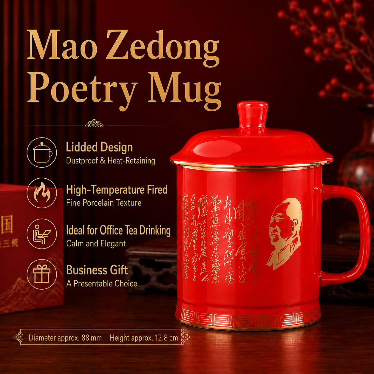 Liling Mao Porcelain Poetry Set，Handcrafted underglaze color porcelain printed with classic Mao Zedong poems. Smooth non-toxic glaze, elegant oriental red culture design, ideal high-end collection