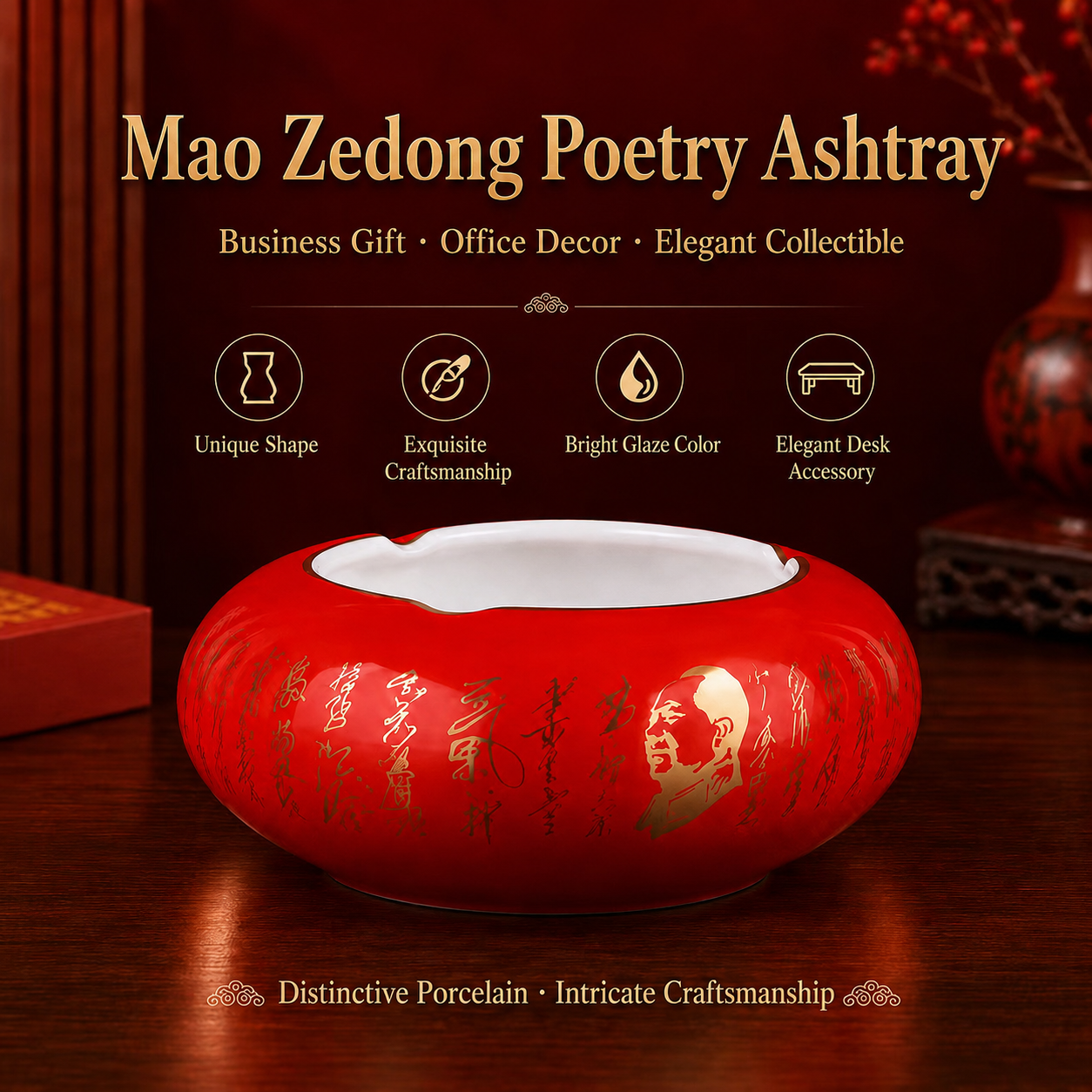 Liling Mao Porcelain Poetry Set，Handcrafted underglaze color porcelain printed with classic Mao Zedong poems. Smooth non-toxic glaze, elegant oriental red culture design, ideal high-end collection