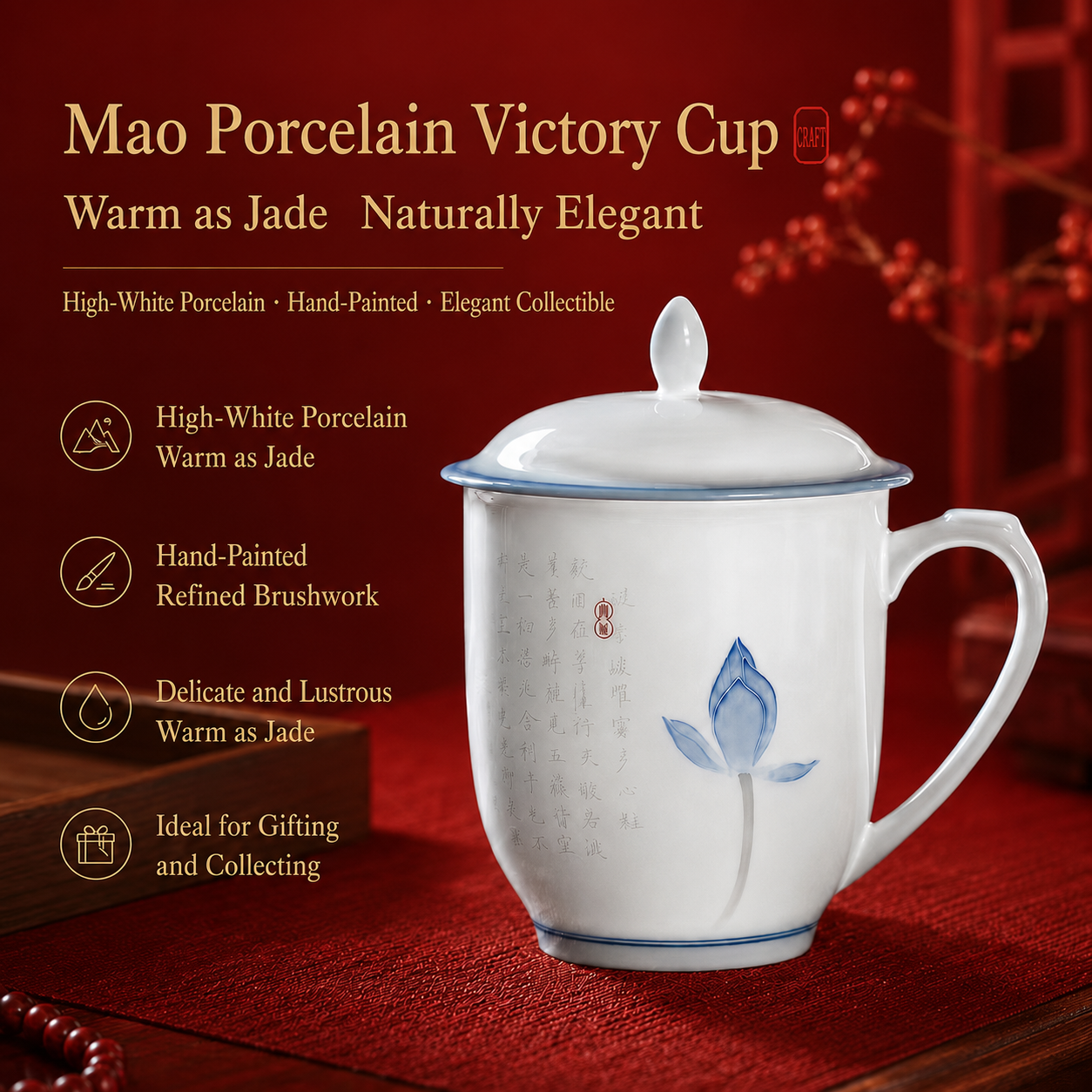 Liling Mao Porcelain Victory Cup
State-level underglaze color porcelain made for national leaders, classic official office mug with red cultural value, durable and food-safe.