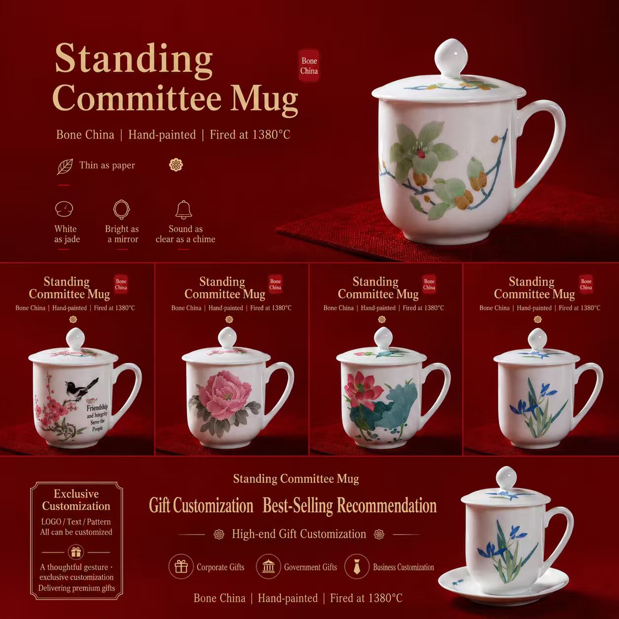 Originated in Liling, China, this official porcelain cup is specially crafted for state conferences and diplomatic receptions. Made of high-white underglaze colorful porcelain, it features hand-painte
