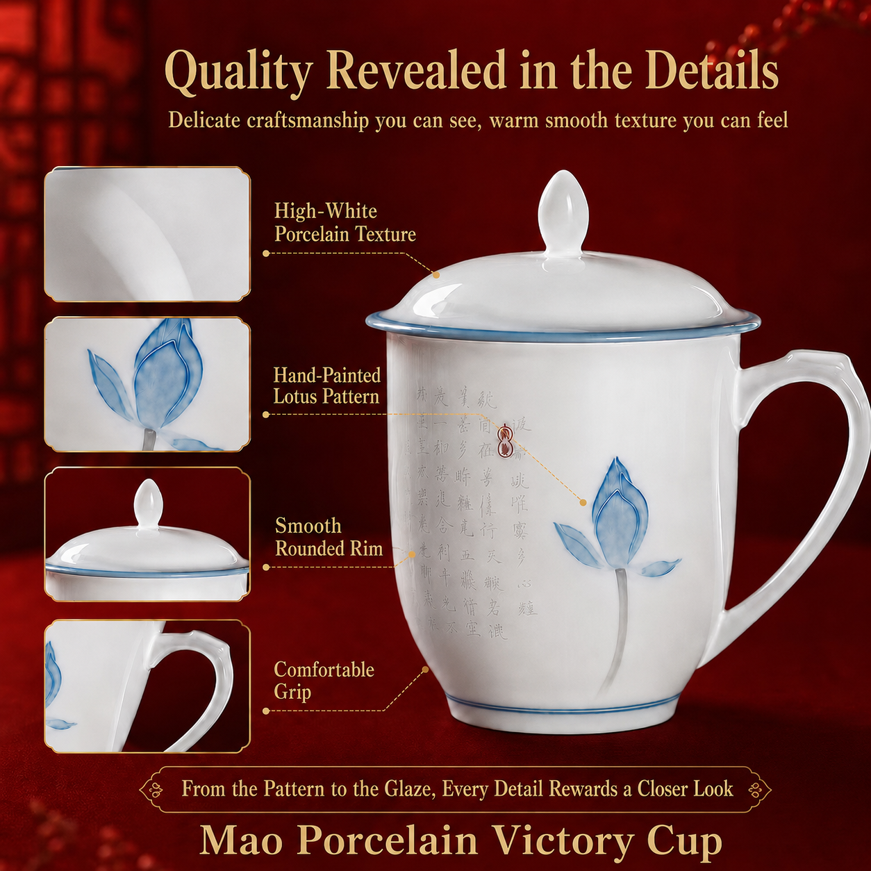 Liling Mao Porcelain Victory Cup
State-level underglaze color porcelain made for national leaders, classic official office mug with red cultural value, durable and food-safe.