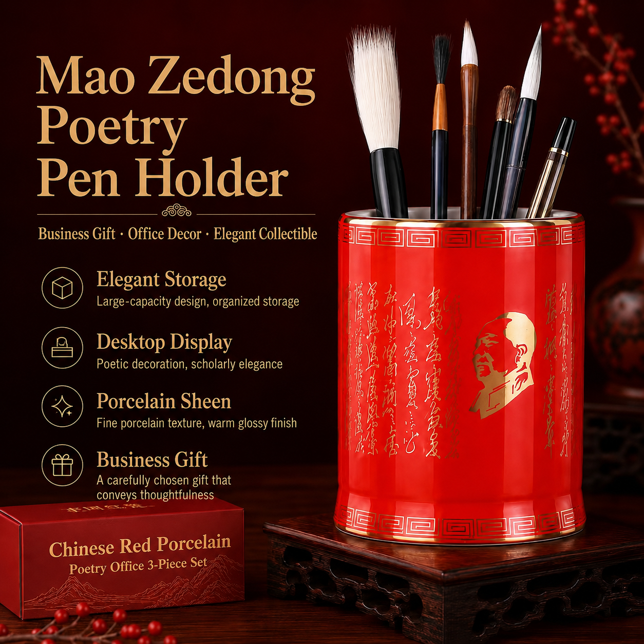 Liling Mao Porcelain Poetry Set，Handcrafted underglaze color porcelain printed with classic Mao Zedong poems. Smooth non-toxic glaze, elegant oriental red culture design, ideal high-end collection